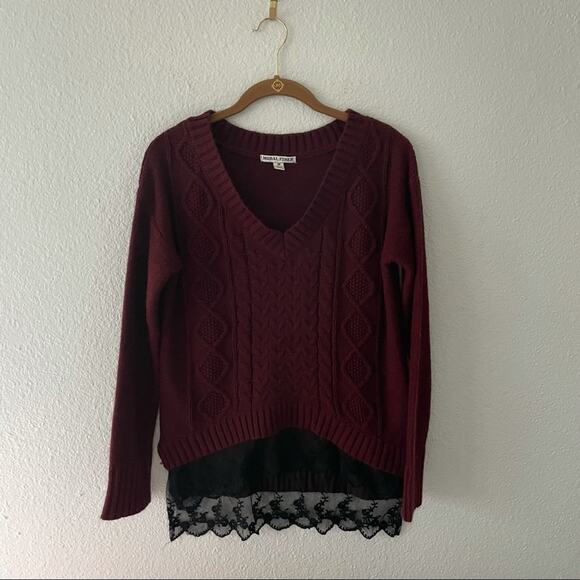 Wine Burgundy Sweater Lace Hem V Neck Moral Fiber - Picture 2 of 5
